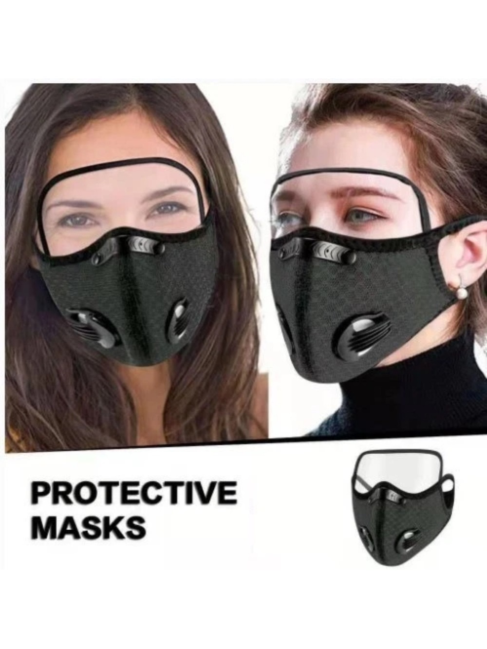 Black Protective Reusable Face Mask with Clear Shield
